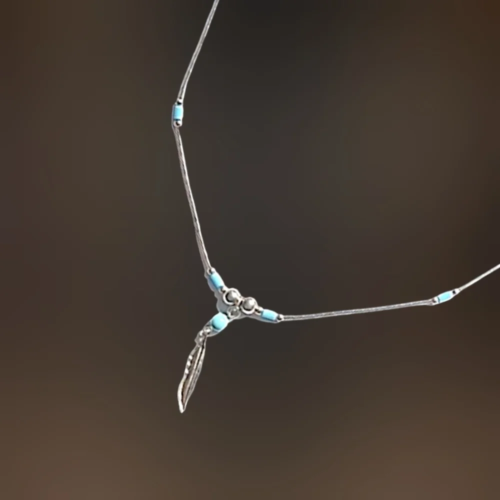 Liquid Silver Style Necklace Turquoise Accents Feather Charm NWOT